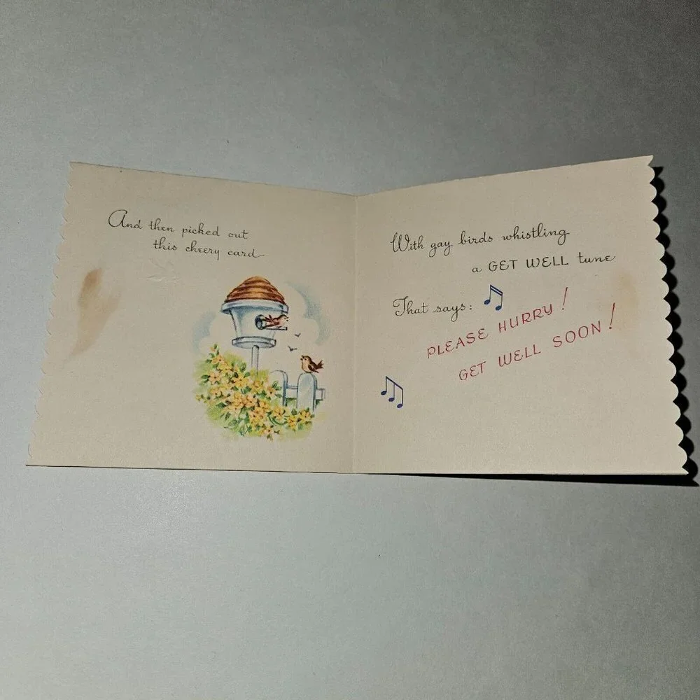 VTG Get Well Greeting Card Boy Girl Gay Birds Whistling Tune Scalloped Edge 4x4